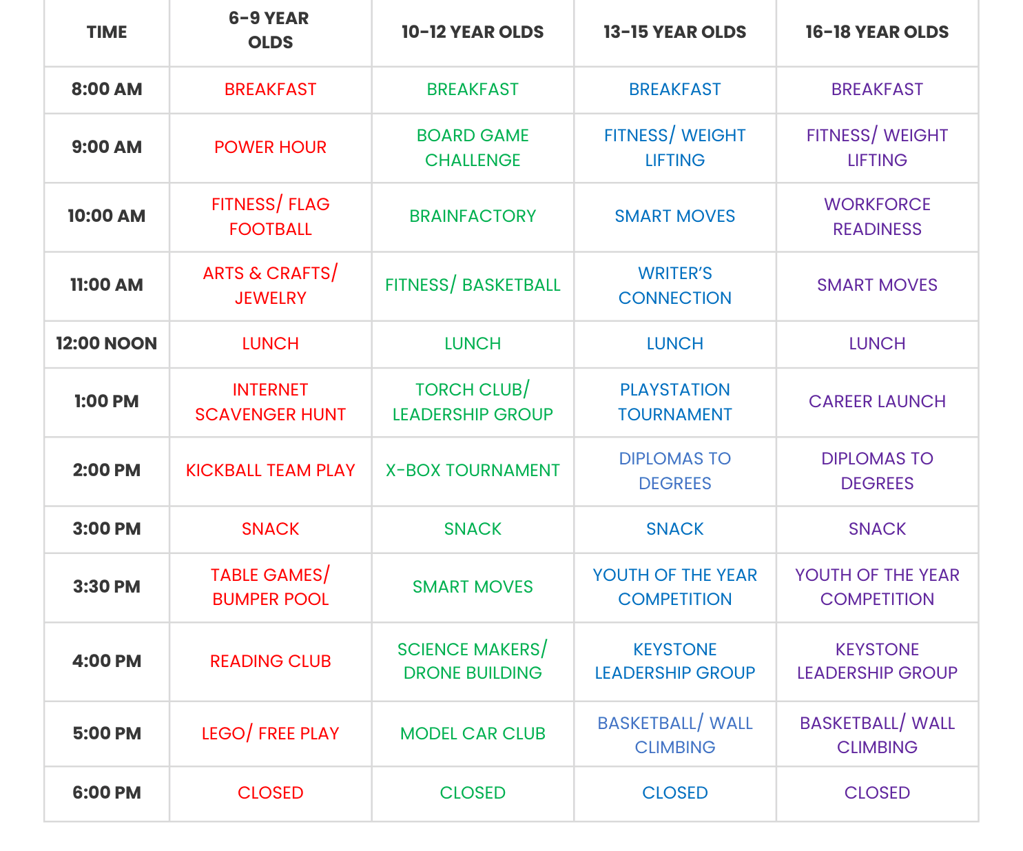 Summer 2026 sample weekly schedule for ages 6-18, Monday through Friday, 8 AM to 6 PM